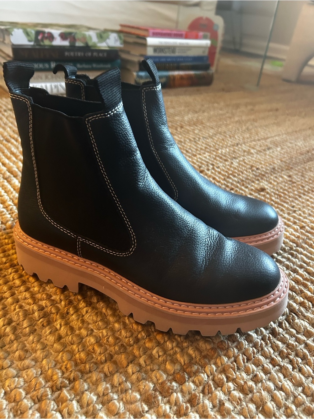 Black Leather Chelsea Boots with Pink Lug Sole